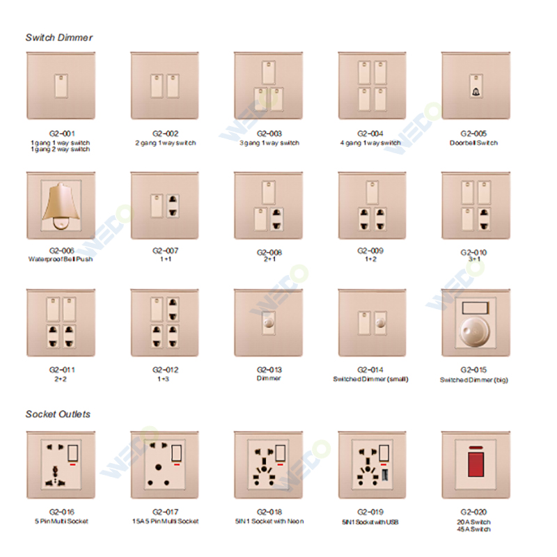 Multi Function 8 Gang Pakistan Standard Wall Switch Socket With Gold PC