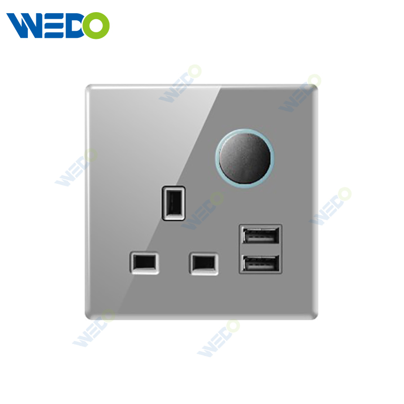 S6 Series 13A Switched Socket with LED Light Ring+2USB 250V Light Electric Wall Switch Socket Tempered Glass Material Modern Sockets