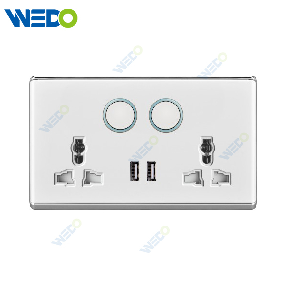 S2-W Home Switches Double 13A MF Switched Socket with Light Ring+2USB 250V Light Electric Wall Switch Socket PC Material with Chrome Frame