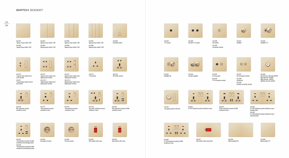 ULTRA THIN 2 Gang 1Way Switch and 2Gang 2Pin socket Different Color Different Style Fashion Design Wall Switch 