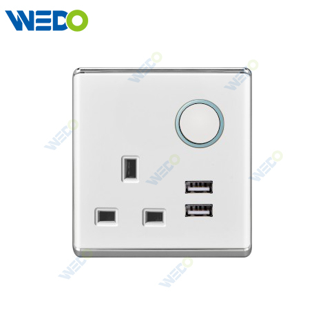 S2-W Home Switches 13A Switched Socket with Light Ring+2USB 250V Light Electric Wall Switch Socket 86*86cm PC Material with Chrome Frame