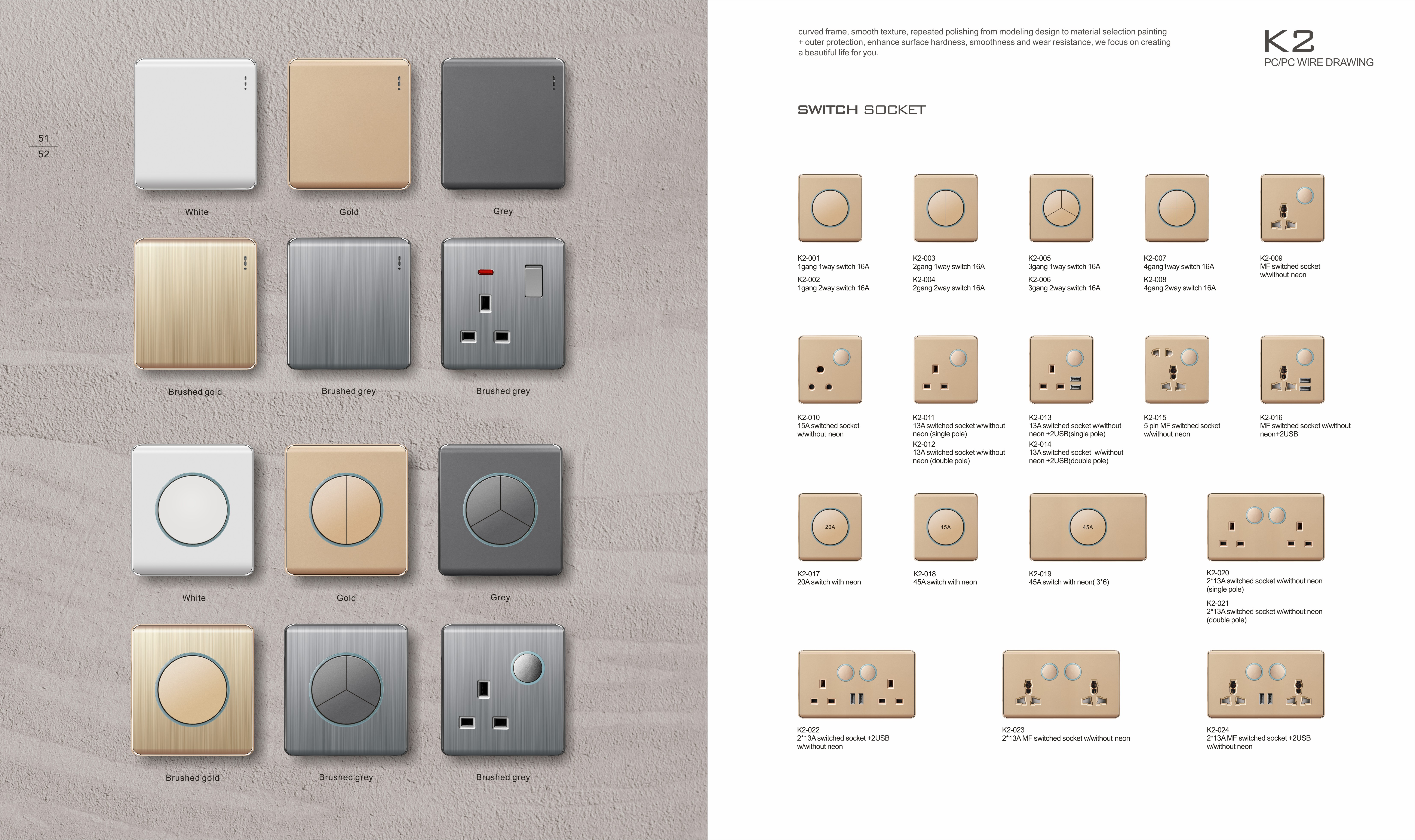 K2-P Series 13A MF Switched Socket with LED Light Ring+2USB 250V Light Electric Wall Switch Socket 86*86cm PC Material with Chrome Frame Home Switches Twist Pattern