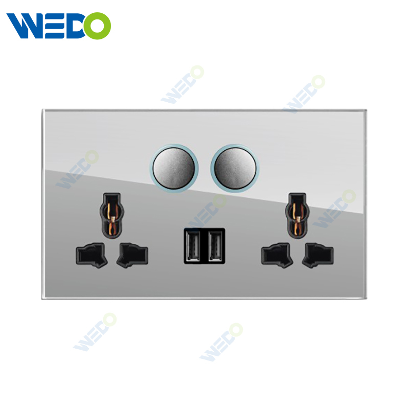 D90 Series Double 13A MF Switched Socket with LED Light Ring+2USB 250V Light Electric Wall Switch Socket Glass Plate+PC Bottom Material Modern Sockets