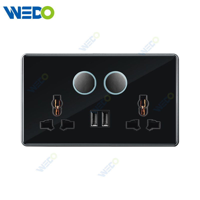 S7 Series Double 13A MF Switched Socket with LED+2USB Light Ring 250V Light Electric Wall Switch Socket Tempered Glass Material with Chrome Frame Modern Sockets