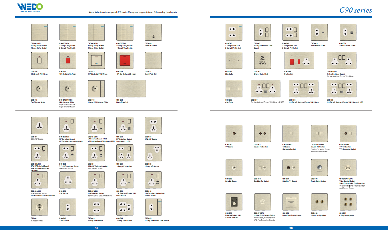 C90 Wenzhou Factory New Design Acrylic Home Lighting Electrical Wall Switches PC Material Cover with IEC Report SASO 45A