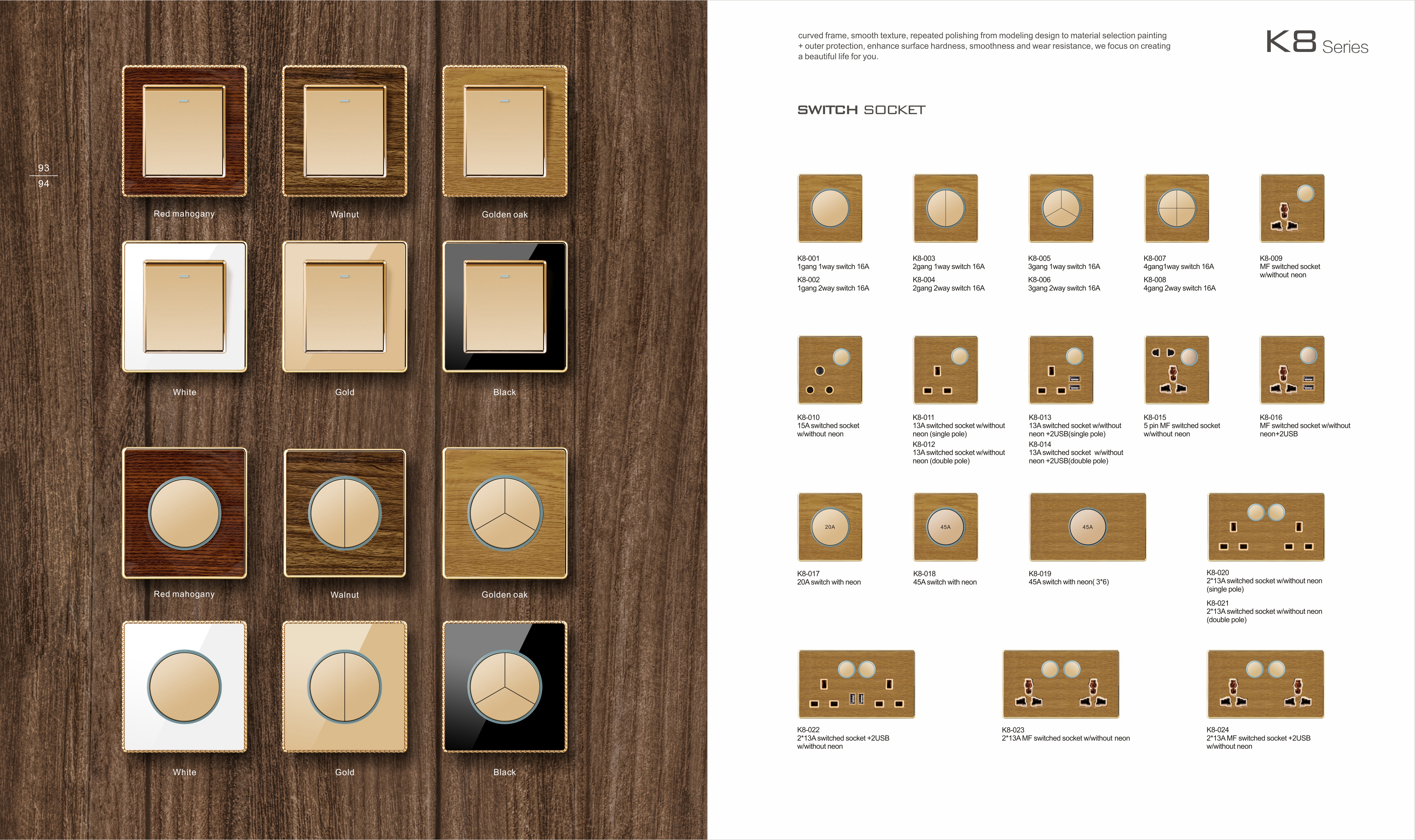 K8 Series Acrylic Wooden 3G 16A 250V Light Electric Wall Switch Socket 86*86cm PC Material with Chrome Frame Home Switches Twist Pattern