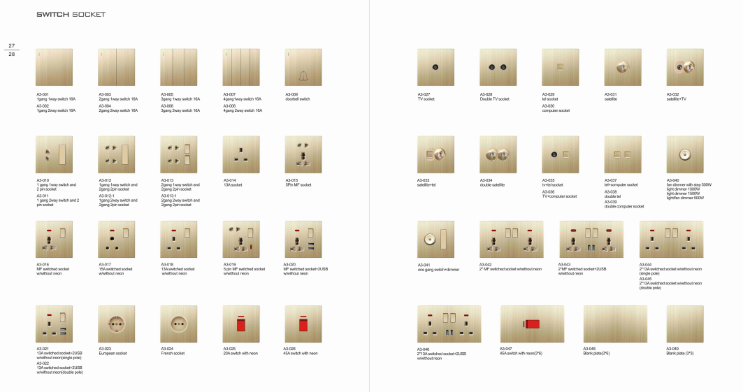 ULTRA THIN A3 Series 1gang 1way and 2gang 2pin socket Different Color Different Style Fashion Design Wall Switch 